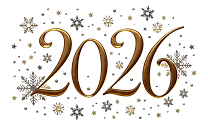 2026  écrit avec étoiles et flocons dorés