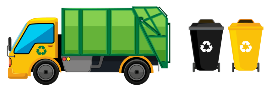 camion benne de collecte des déchets avec deux poubelles: un bac gris et un jaune